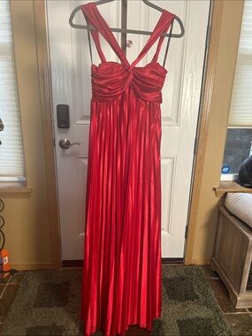 Stunning Red Satin Like Polyester Pleated Formal Gown Dress 7/8.